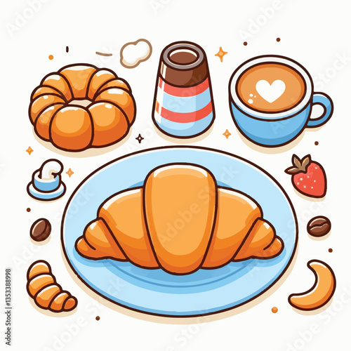 croissant, food, dessert, bakery, breakfast, delicious, cafe, snack, pastry, french, bread, sweet, meal, fresh, tasty, isolated, bake, background, cuisine, vector, eat, morning, crust, illustration, d