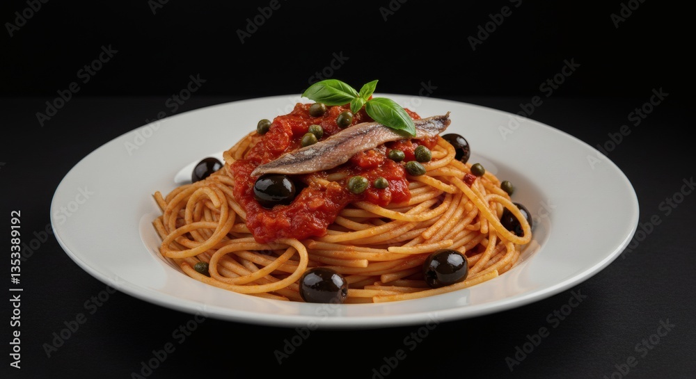 Plate of spaghetti with anchovies capers and olives called Pasta Puttanesca Plate of spaghetti with anchovies capers and olives called Pasta Puttanesca