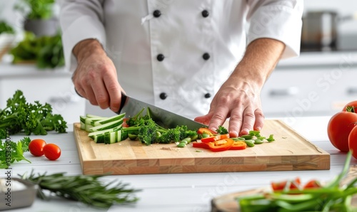A chef meticulously preparing fresh vegetables on a cutting board
