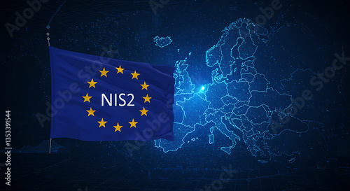 European Union Flag with NIS2 Overlaid on a Digital Europe Map