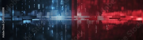 A digitally rendered image with divided blue and red elements