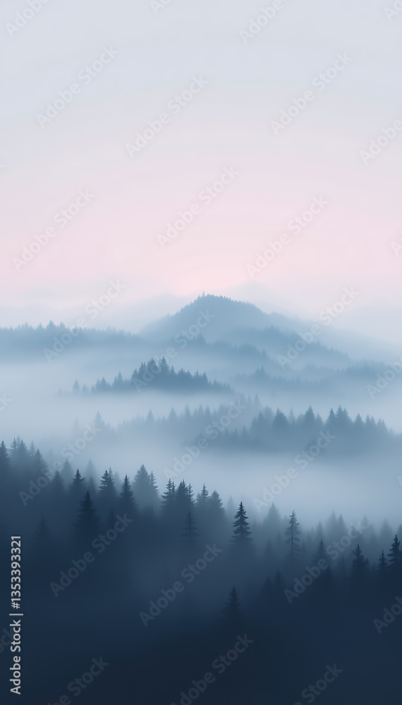 Fototapeta premium Fog Rolling Through Evergreen Forest on Mountain Range at Dawn phone background wallpaper