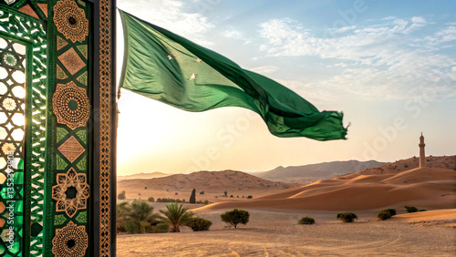 Artistic Saudi National Day Celebration Poster with a Flowing Green Flag, Traditional Arabic Calligraphy, and a Scenic Desert Landscape in the Background