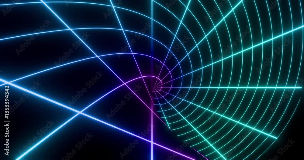 Futuristic glowing neon twisted wireframe background. Shining grid spiral in perspective. Bright retro digital style. 4K 3D rendering loop animation.