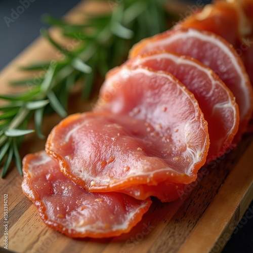 Wallpaper Mural Delicious Slices of Prosciutto Ham on Wooden Board with Fresh Rosemary. Generative AI Torontodigital.ca