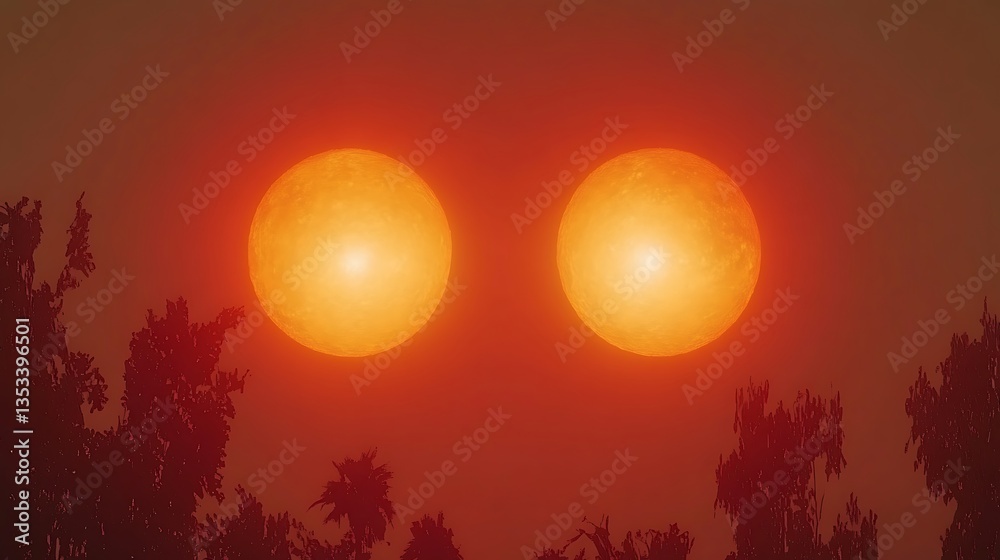 Obraz premium Two luminous celestial bodies shine above tree silhouettes at dusk