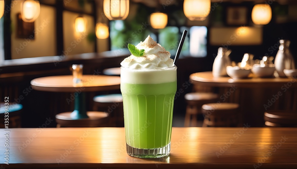 Bright Green Melon Float with Whipped Cream in a Nostalgic Tokyo Café Bright Green Melon Float with Whipped Cream in a Nostalgic Tokyo Café