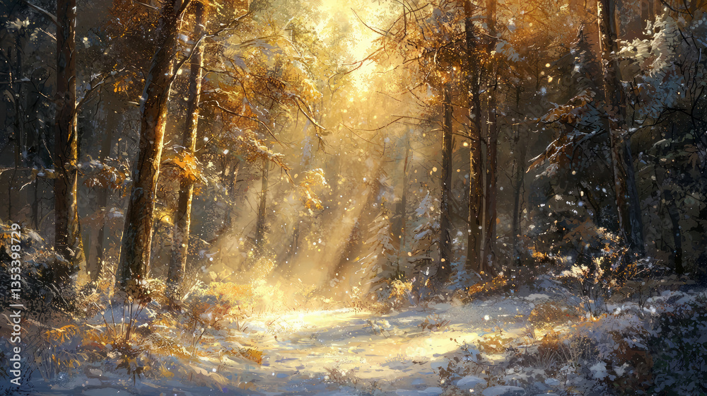 Fototapeta premium A beautiful winter forest, with tall trees covered in snow and sunlight shining through the branches