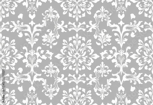 Elegant geometric floral damask patterns in white and gray; seamless vector backgrounds, arabesque,  seamless pattern