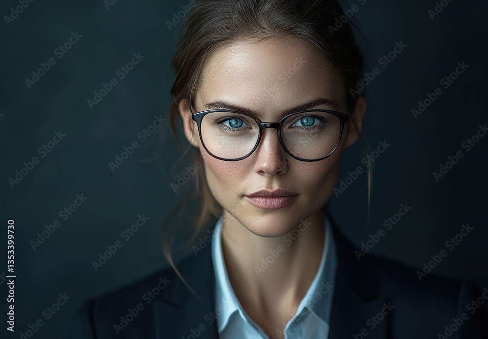 A woman in a dark suit, low ponytail hairstyle, deep blue background, soft lighting, professional and elegant atmosphere A woman in a dark suit, low ponytail hairstyle, deep blue background, soft lighting, professional and elegant atmosphere