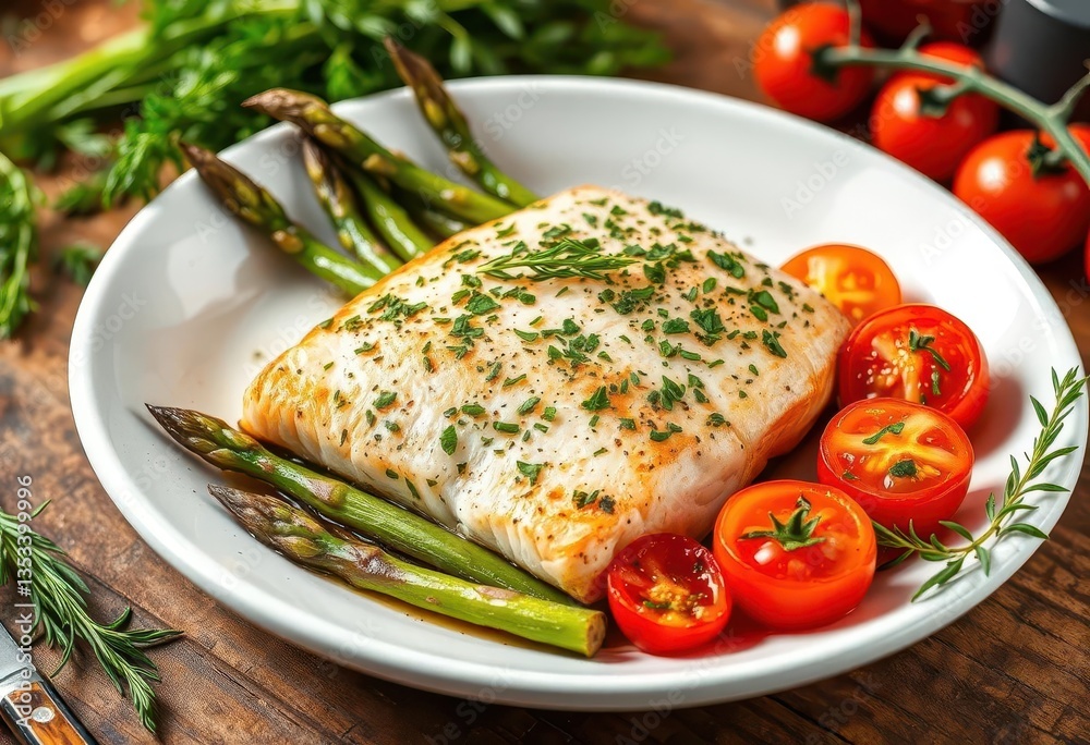 Baked salmon, asparagus, and tomatoes with fresh herbs, diet food, healthy food Baked salmon, asparagus, and tomatoes with fresh herbs, diet food, healthy food