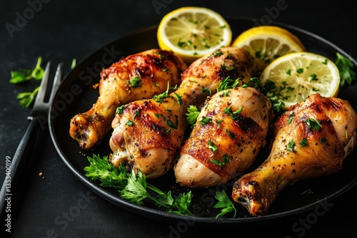 Roasted chicken drumsticks with lemon slices on a dark plate, garnished with fresh herbs, on a dark background