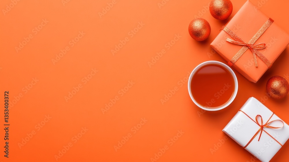 Orange backdrop showcases presents ornament and beverage in white bowl Orange backdrop showcases presents ornament and beverage in white bowl