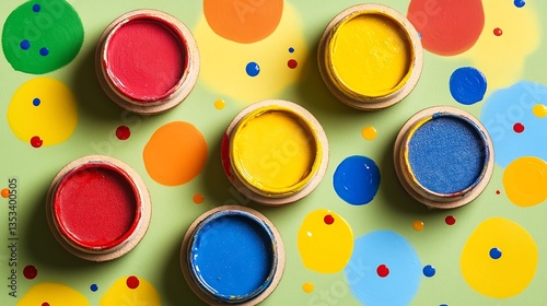 Colorful pots of paint scattered on a green speckled background