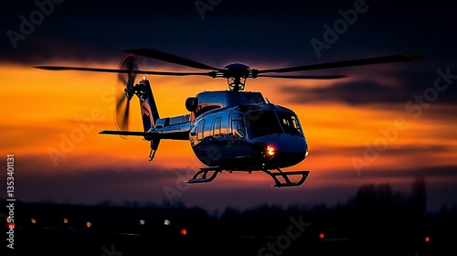 Helicopter in sunset flight.