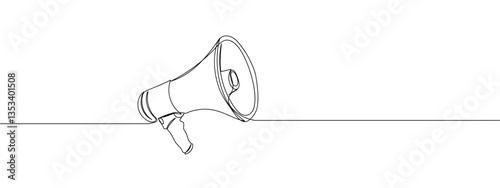 Single line, continuous, megaphone line art vector illustration with transparent background editable stroke.