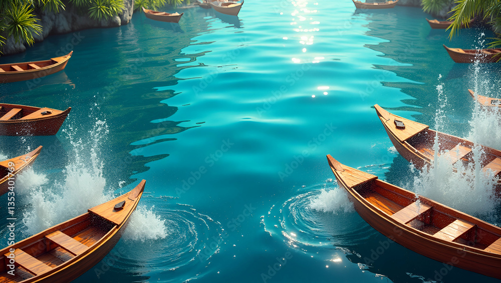 Obraz premium Traditional Thai boats and water splashes border frame with cultural copy space for Songkran concept as Elegant traditional Thai boats and lively water splashes framing cultural space for Songkran mes