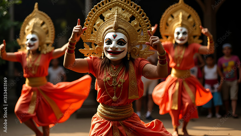 Fototapeta premium Flat Thailands traditional masked Khon performers dancing showcasing cultural heritage and artistic expression. concept as Traditional masked Khon performers dance in Thailand showcasing cultural heri