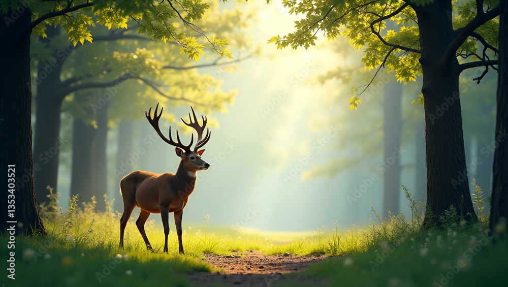 Obraz premium Deer and forest path border frame with copy space for World Wildlife Day habitat conservation concept as Deer and forest path elements creating a border with copy space for habitat conservation on Wor