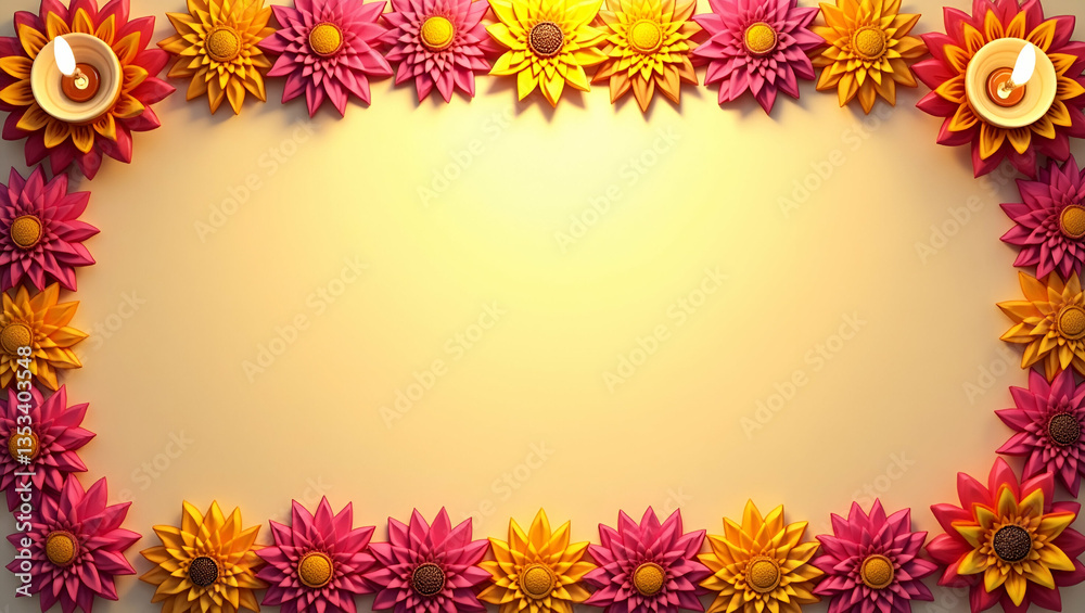 Intricate Rangoli Patterns and Glowing Lotus Flowers Frame for Diwali Messages - Artistic Stock Photo Intricate Rangoli Patterns and Glowing Lotus Flowers Frame for Diwali Messages - Artistic Stock Photo