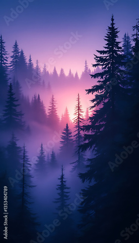 Misty Pine Forest at Sunset with Silhouetted Trees and Soft Light phone background wallpaper
