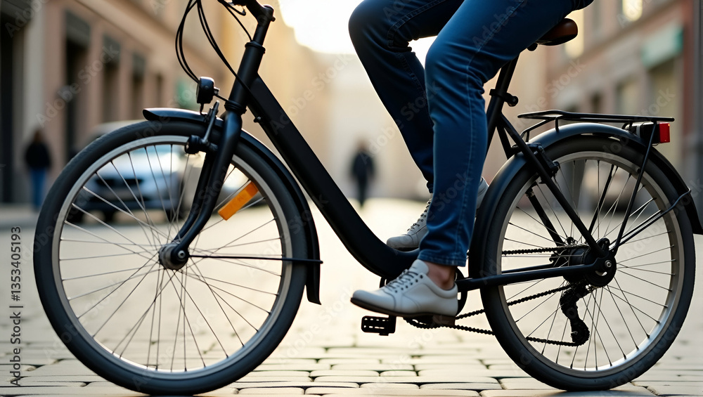 Fototapeta premium Close up of young hipster woman holding her foot on bicycle pedal concept as Close up of young hipster woman holding her foot on bicycle pedal highlighting active lifestyle and cycling passion in Pho
