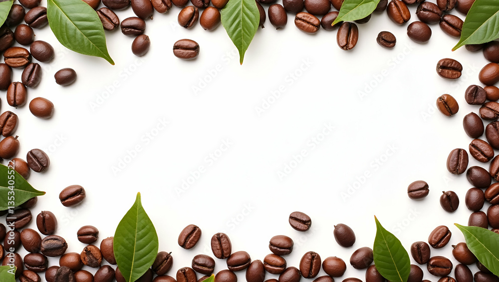 Hand drawn coffee beans and leaves border with copy space for International Coffee Day messages concept as Hand drawn illustrations of coffee beans and leaves surrounding copy space for International 
