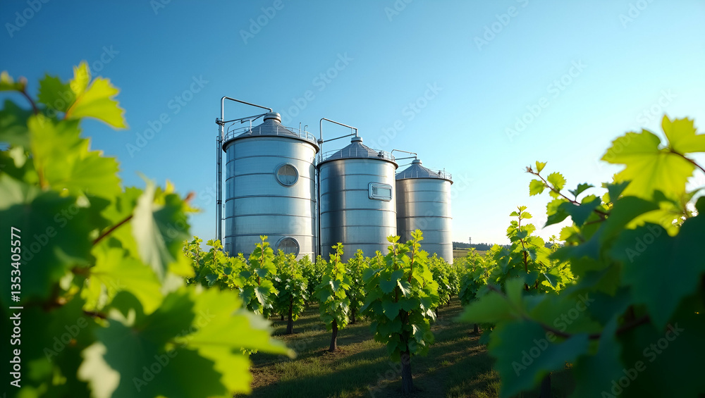 Fototapeta premium Flat Metallic Fermentation Tanks Amidst Lush Green Grape Leaves: A Symbol of Winemaking Harmony Under a Bright Blue Sky - Cute Vector Illustration for Smart Business