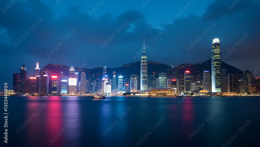 Obraz premium Hong Kong cityscape of Victoria Harbour captured in time lapse showcasing vibrant Hong Kong China urban skyline and harbor activity. concept as Hong Kong cityscape of Victoria Harbour captured in time