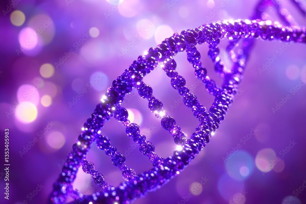 Obraz premium A purple DNA double helix molecule, blurred purple glowing background with bokeh light effects, soft lighting, technological and dreamy atmosphere