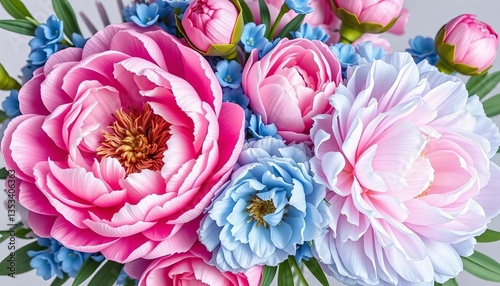 Beautiful pink & blue peony bouquet in a delicate aerostat, blooming floral seamless pattern, blooming, aerostat