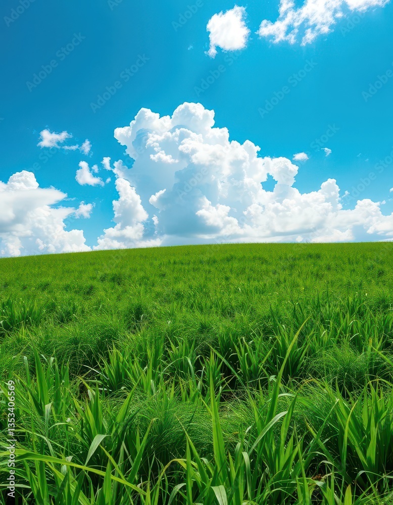Obraz premium Vibrant green meadow under a bright blue sky dotted with fluffy white clouds, scenic, peaceful
