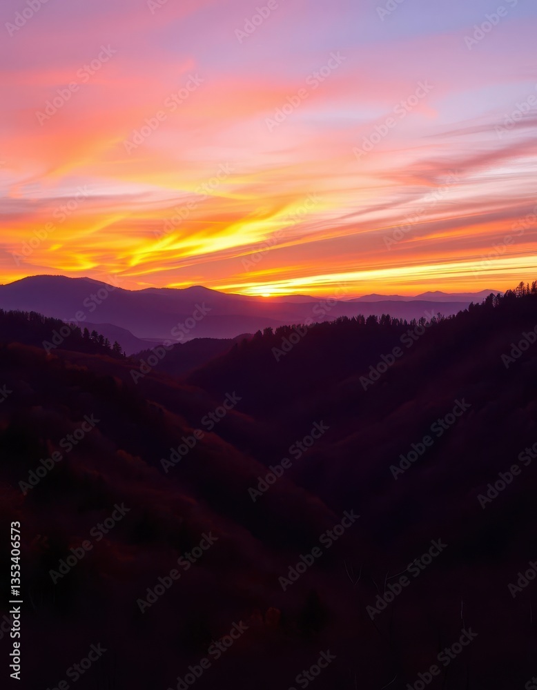 Fototapeta premium Vibrant orange and purple hues paint the Smoky Mountains as the sun dips below the horizon, vista, landscape, fog