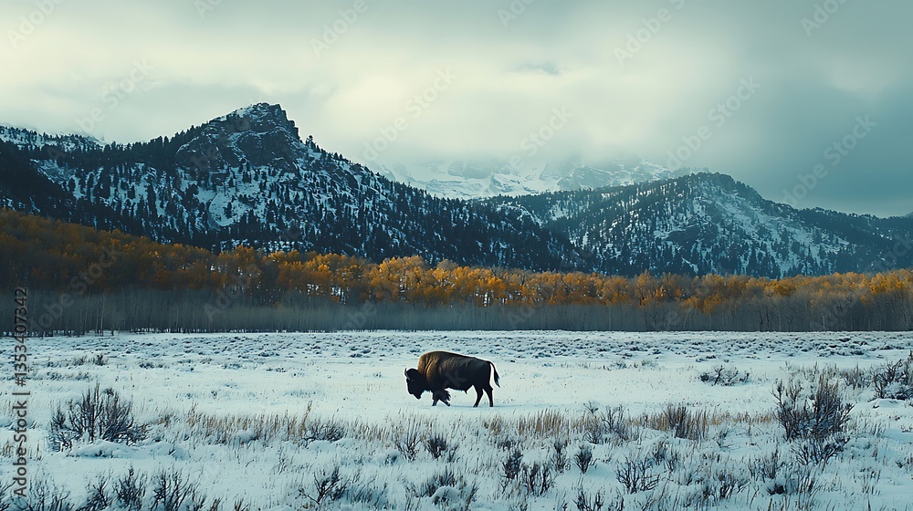 Solitary bison grazing in snowy field with mountain backdrop. Solitary bison grazing in snowy field with mountain backdrop.