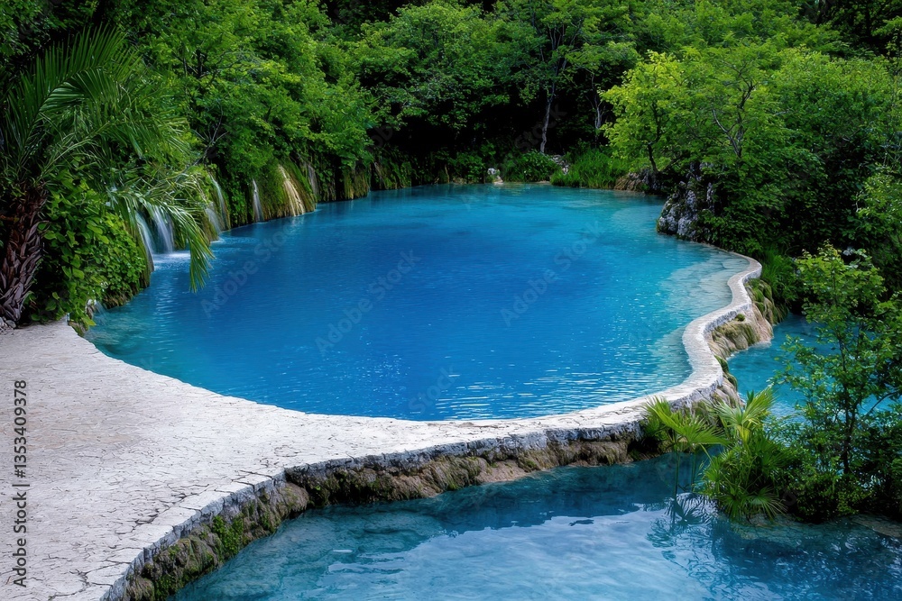 Fototapeta premium landscape popular serene A serene natural pool surrounded by lush greenery and gentle flowing waterfalls.