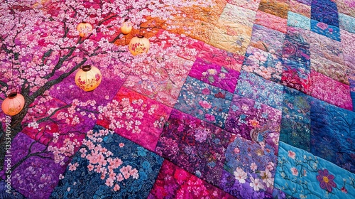 Magnificent Quilt Depicting Blossoming Cherry Trees and Lanterns, Colorful and Detailed