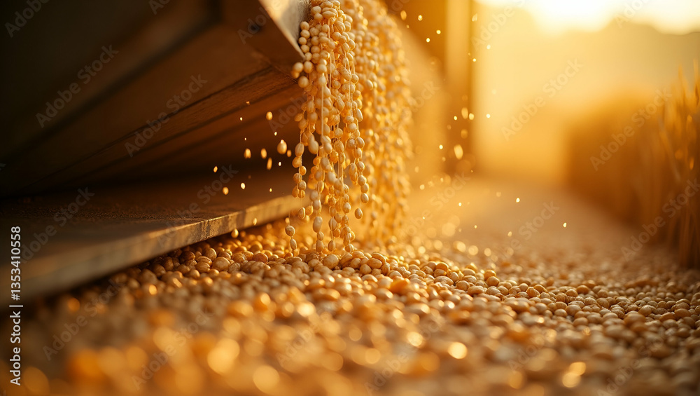 Golden Wheat Grains Flowing from Machinery: Farming & Industry Themes
