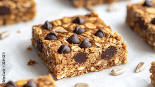 An oatmeal bar with chocolate chips, the rest of it is brown in color