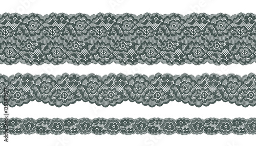Three dark green lace trims with the same flower pattern in different widths