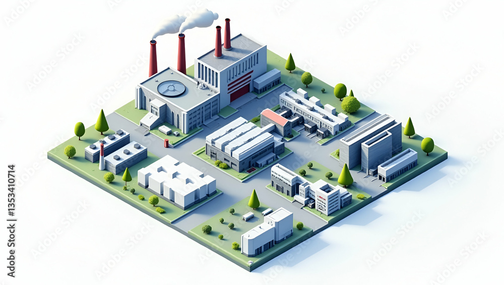 Obraz premium Isometric illustration of paper mill featuring factory buildings and machinery highlighting industrial processes and manufacturing concept as Isometric view of paper mill with factory buildings and ma