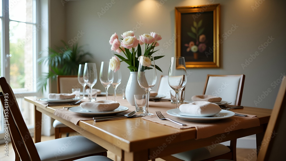 Flat Dining table arranged in room with picture frame on wall showcasing elegant home dining setup and decor. concept as Dining table arranged in room with picture frame on wall showcasing elegant hom Flat Dining table arranged in room with picture frame on wall showcasing elegant home dining setup and decor. concept as Dining table arranged in room with picture frame on wall showcasing elegant hom