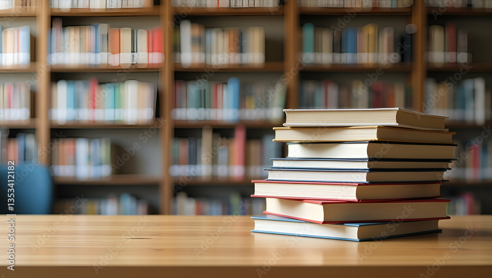 Organized Study Environment: Flat Piles of Books on Table with Blurred Library Background Organized Study Environment: Flat Piles of Books on Table with Blurred Library Background
