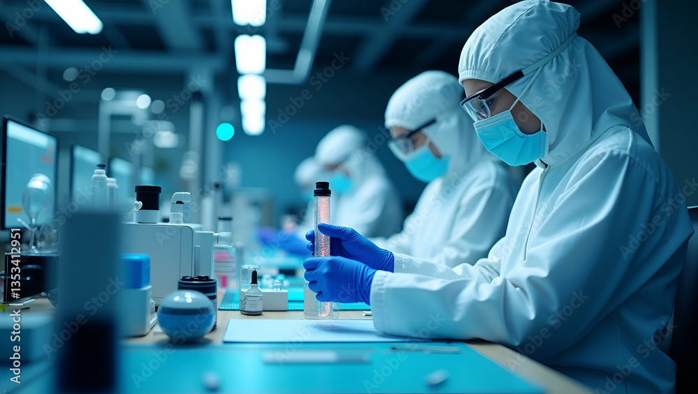 Flat Scientists in protective gear working in a high tech laboratory demonstrating advanced research and innovation in a controlled environment concept as Detailed scene of scientists clad in protecti Flat Scientists in protective gear working in a high tech laboratory demonstrating advanced research and innovation in a controlled environment concept as Detailed scene of scientists clad in protecti