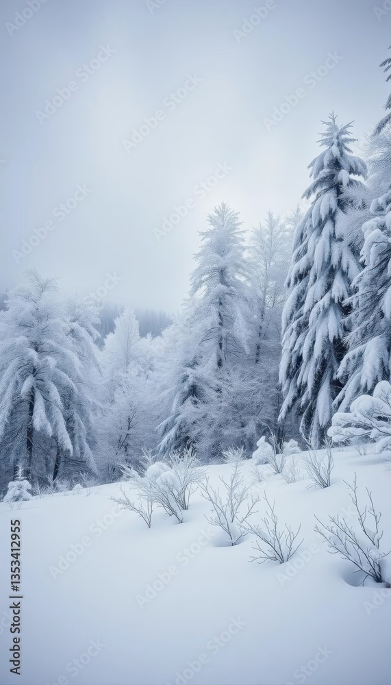 Heavy snow blankets frosted trees and a pristine landscape, snowfall, photography Heavy snow blankets frosted trees and a pristine landscape, snowfall, photography