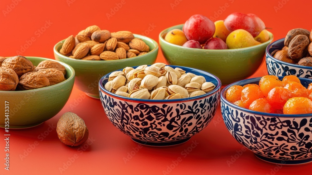 Vibrant food arrangement showcasing assorted nuts and fruits in decorative bowls, ideal for an Eid al-Fitr holiday banner with ample copy space. Vibrant food arrangement showcasing assorted nuts and fruits in decorative bowls, ideal for an Eid al-Fitr holiday banner with ample copy space.