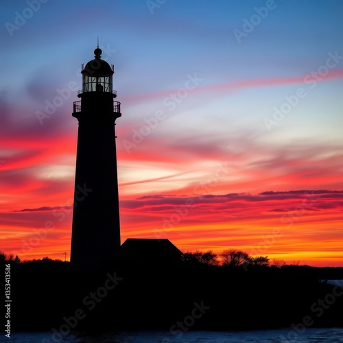 Majestic Marshall Point Lighthouse silhouetted against a vibrant sunset sky, calm, scenic, waves
