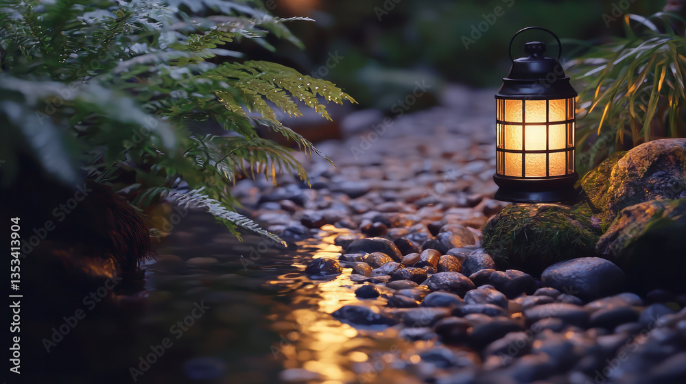 Naklejka premium A lantern illuminates the path along an evening garden stream, surrounded by pebbles and ferns