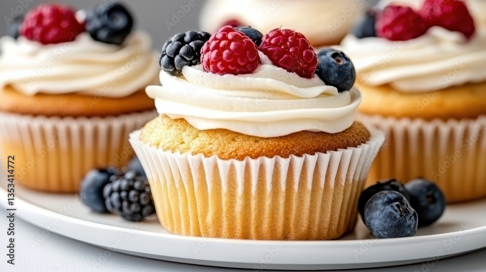 Delicious vanilla cupcakes topped with whipped cream and fresh berries create delightful treat Delicious vanilla cupcakes topped with whipped cream and fresh berries create delightful treat