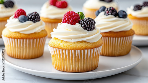 Delicious vanilla cupcakes topped with whipped cream and fresh berries create delightful treat