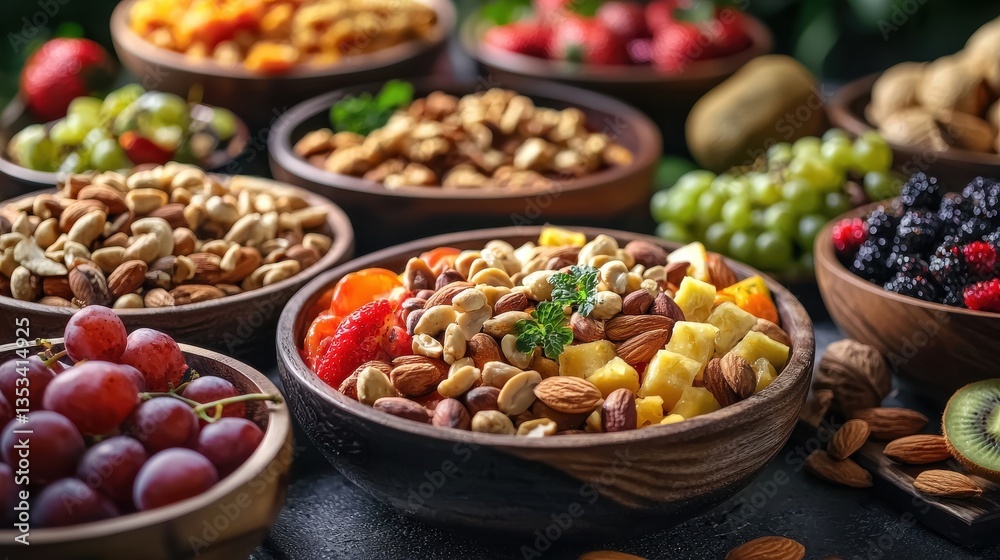 Abundant arrangement of bowls filled with fresh fruits and nuts on a table, set as a festive Eid al-Fitr holiday food display. Abundant arrangement of bowls filled with fresh fruits and nuts on a table, set as a festive Eid al-Fitr holiday food display.
